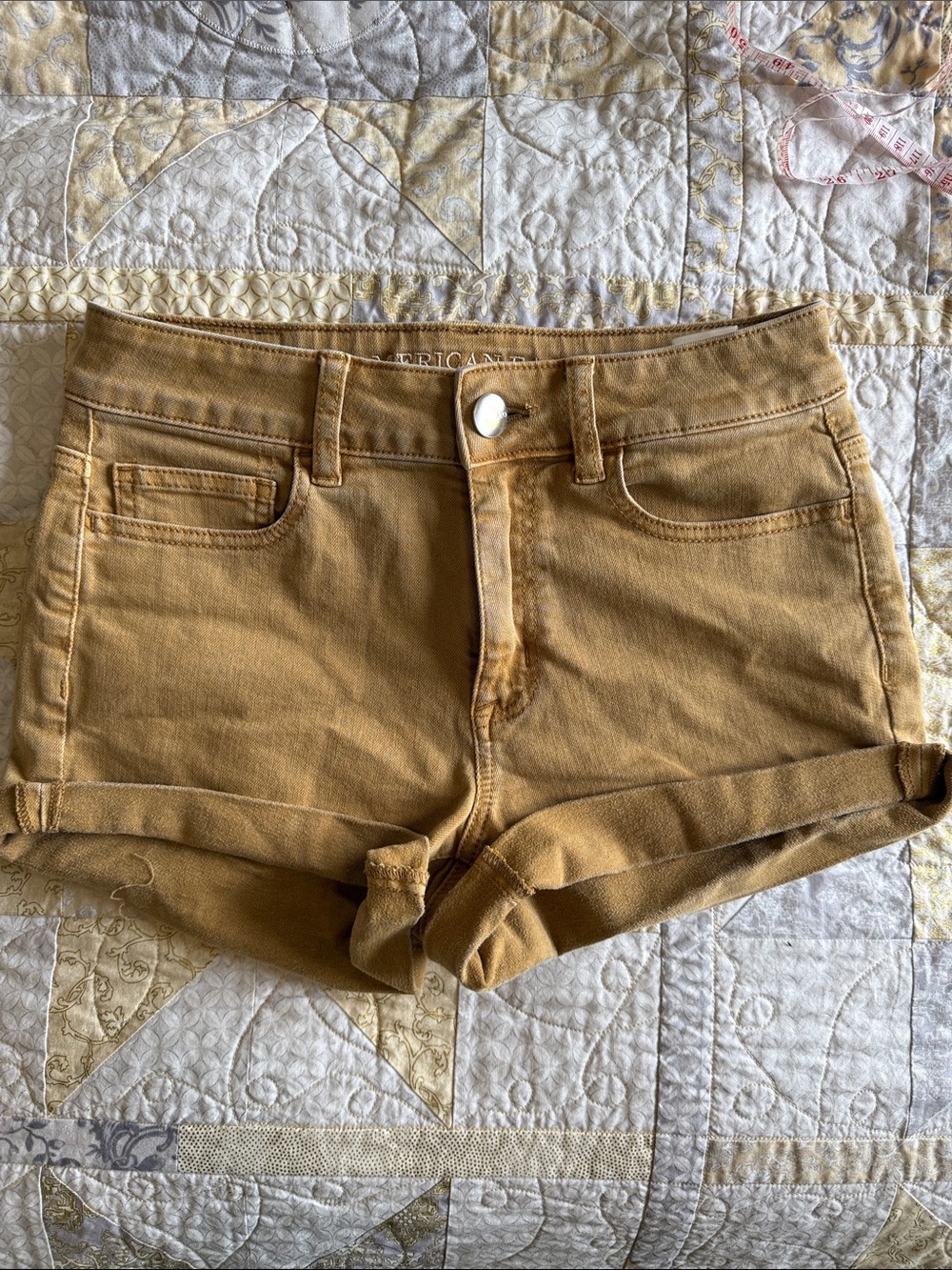 American Eagle Hi-Rise Shortie Denim Shorts in light brown/tan